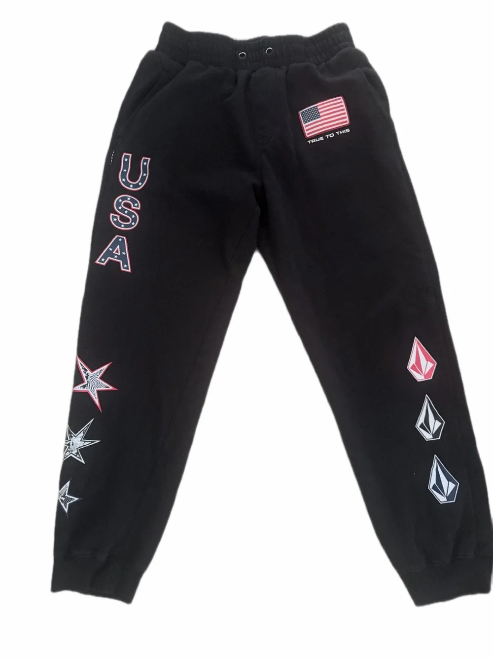 Volcom Black Sweatpants with USA Flag & Red-Accented Graphics NWOT